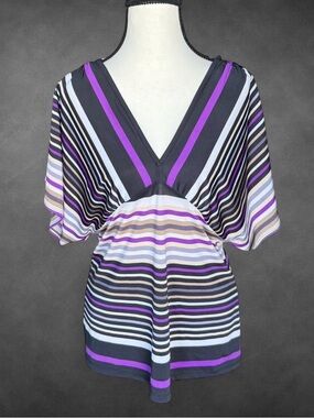 Cache Striped V Neck Flutter Sleeve Top‎ Purple Black Y2K - Size M